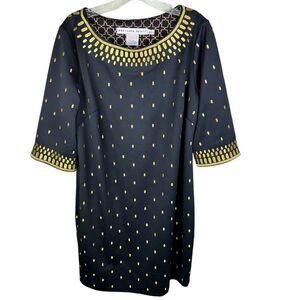 Gretchen Scott Rocket Girl Sheath Black Dress Gold Embroidery Stretch XL